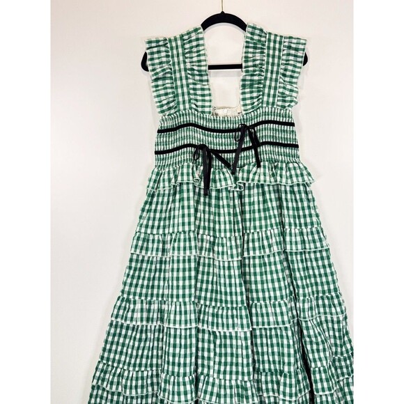 Dream Sister Jane Dress Green Roller Gingham Midi Tiered Ruffle Smocked Large - Picture 5 of 12